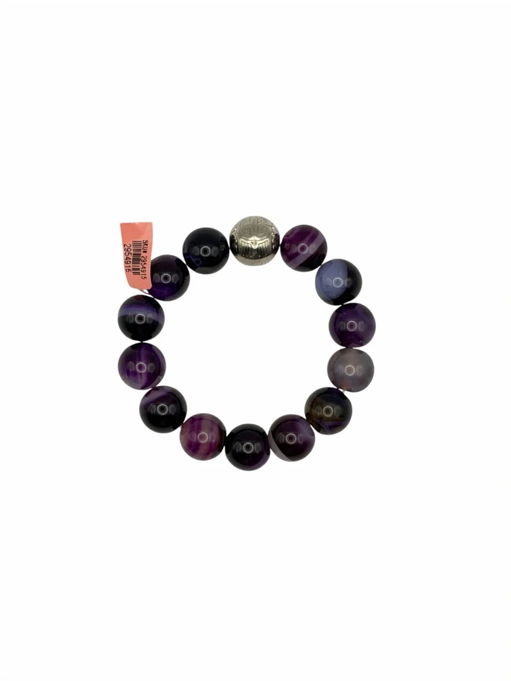 Purple Banded Agate-Like Stone Stretch Bracelet Chunky Silver Tone Vintage